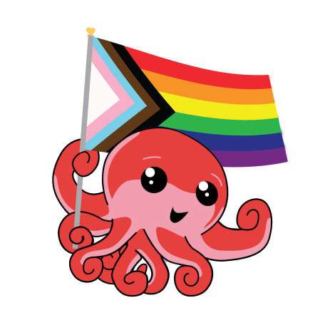 Octo waving LGBTQ+ Pride flag
